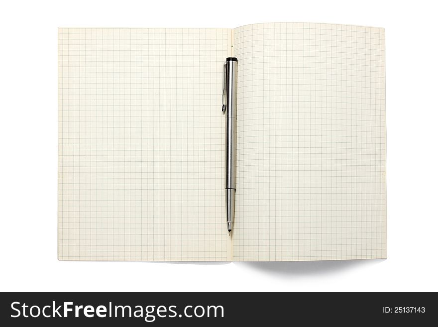 Blank open book and pen on white background