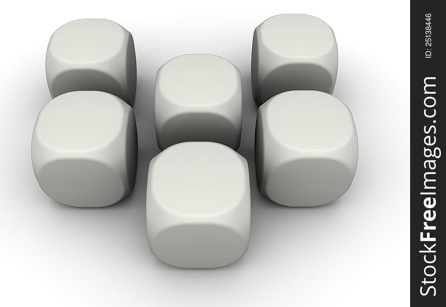 Six blank white dice on a white background. Six blank white dice on a white background