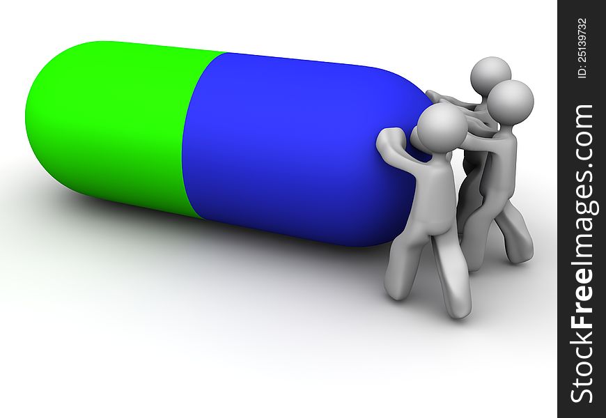 Small cartoon illustration men pushing a big medicine pill. Small cartoon illustration men pushing a big medicine pill.