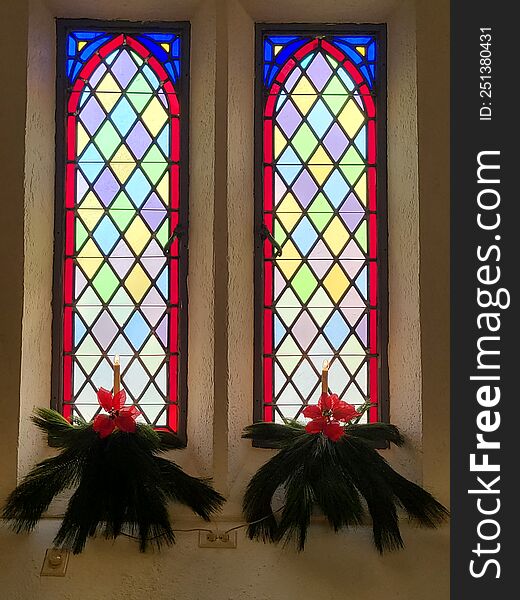 Stained Glass Church Christmas window with pine tree