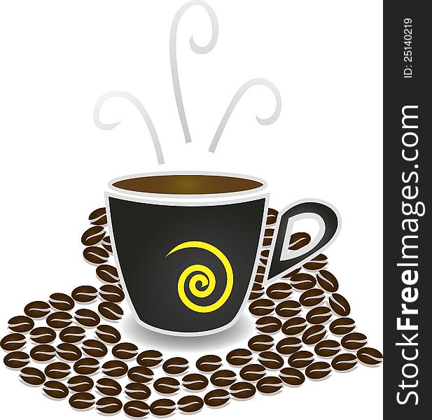 Illustration of hot coffee with coffee beans. Illustration of hot coffee with coffee beans
