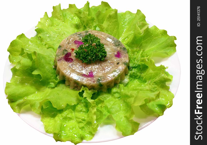 Meat snack with salad leaf on a white background. Meat snack with salad leaf on a white background