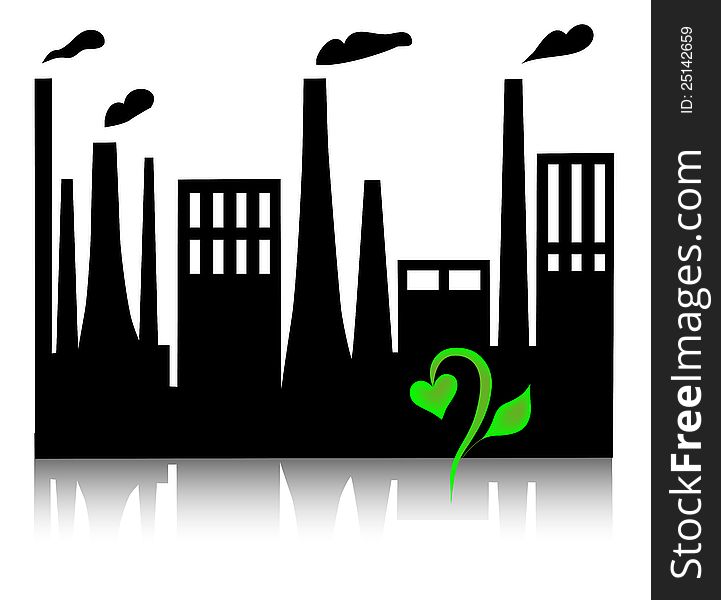 Industrial landscape. There are silhouettes of the plants, polluting environment emissions. and small green sprout. Industrial landscape. There are silhouettes of the plants, polluting environment emissions. and small green sprout