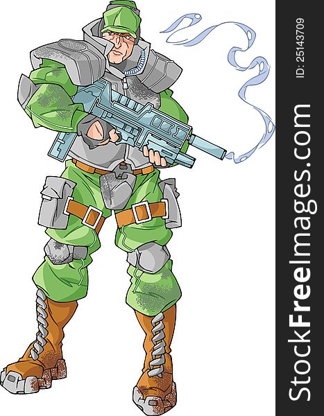 The illustration shows marine soldier. The soldier is standing with futuristic smoking gun in his arms. The illustration done in comic book style.