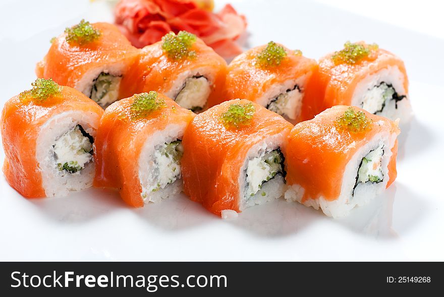 Sushi Roll With Red Fish Closeup