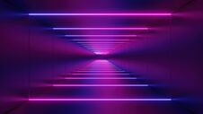 3D Rendering Of Long Futuristic Neon Corridor Going Into Perspective. Neon Background, Virtual Reality, Sci-fi Modern Empty Stage Stock Photo