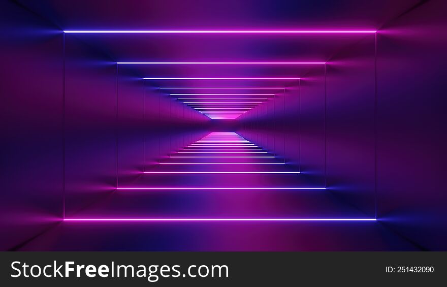 3D rendering of long futuristic neon corridor going into perspective. Neon background, virtual reality, sci-fi modern empty stage