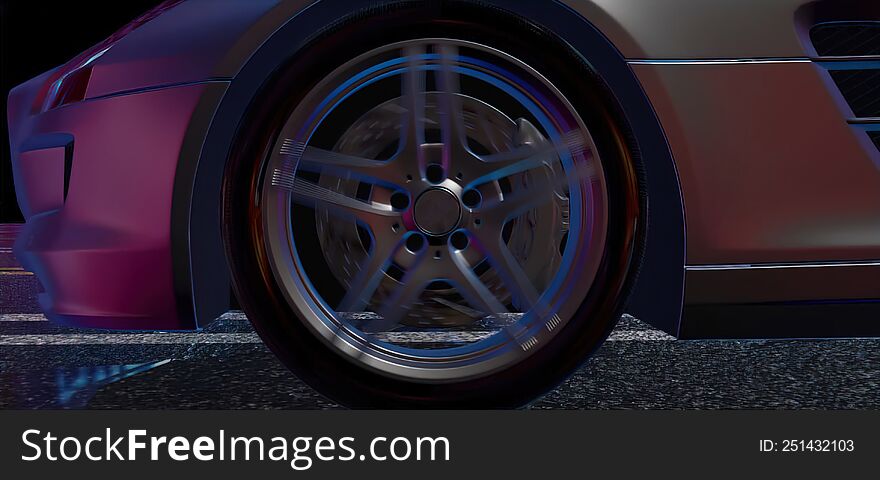 Close-up Of A Star-shaped Wheel On An Asphalt Surface In Motion A Sports Car In The Dark