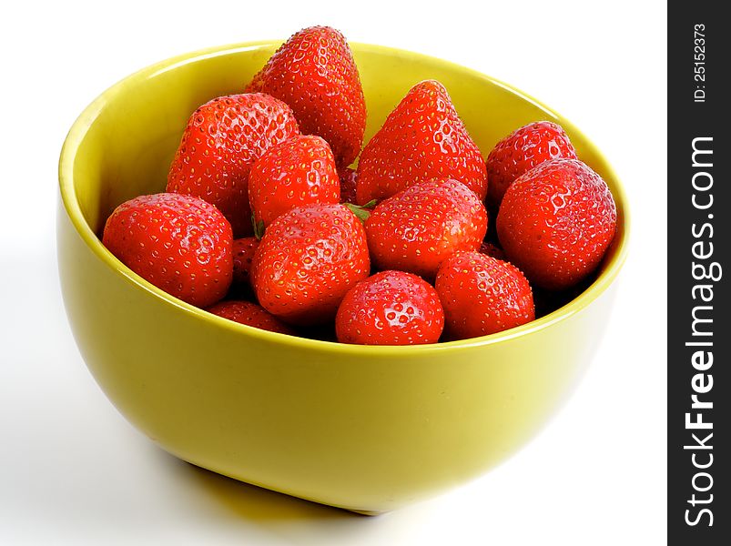 Fresh Ripe Perfect Strawberriy in yellow bowl isolated on white background. Fresh Ripe Perfect Strawberriy in yellow bowl isolated on white background