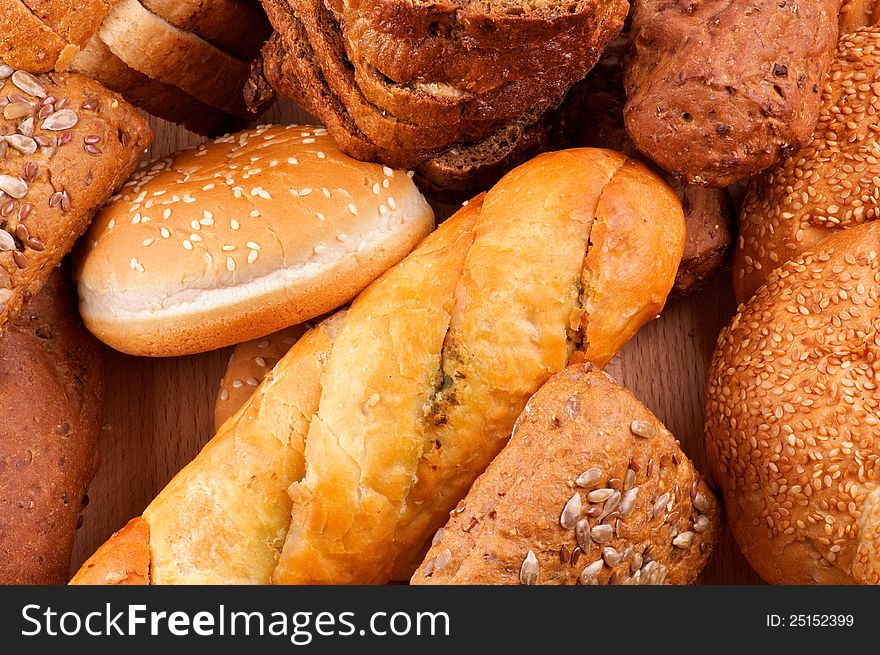 Arrangement of baked bread and rolls