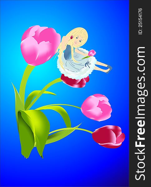 Thumbelina girl sits on tulip