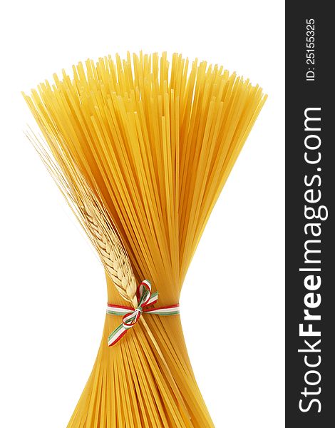 Spaghetti tied with a ribbon on white background