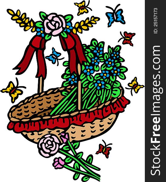 Scalable vectorial image representing a basket of flowers, isolated on white.