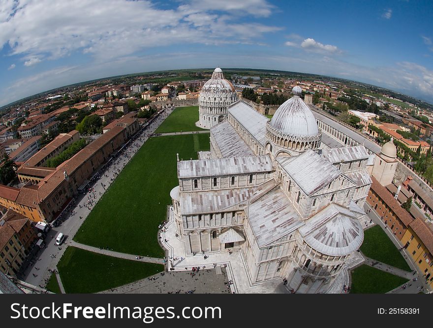 Fish-eye view of the Cathedral of Pisa from the top of the Leaning Tower -. Fish-eye view of the Cathedral of Pisa from the top of the Leaning Tower -