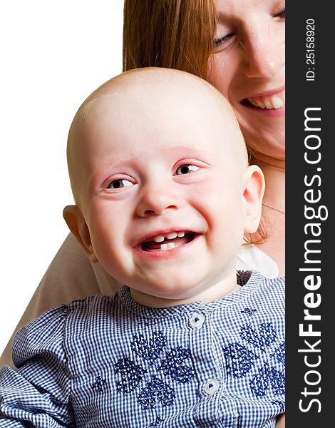 Portrait a close up of the smiling child and mother on a white background. Portrait a close up of the smiling child and mother on a white background.