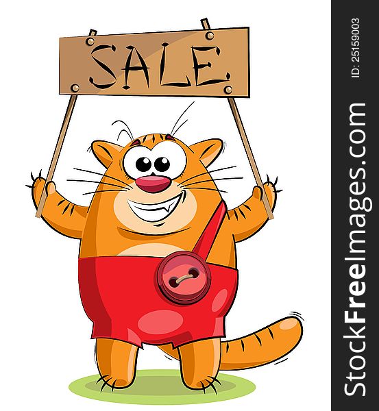 Red cat with a tablet with the inscription sale