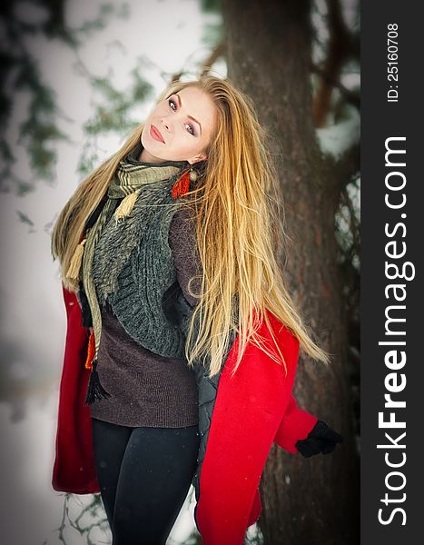 Attractive blonde girl with red coat and red cap in winter snow. Attractive blonde girl with red coat and red cap in winter snow