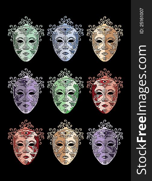 Masques- nine different examples of same masque on black background