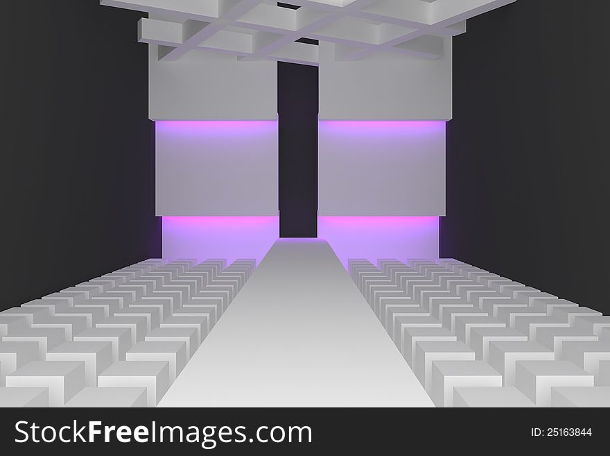 Empty fashion runway purple color lighting and black wall.