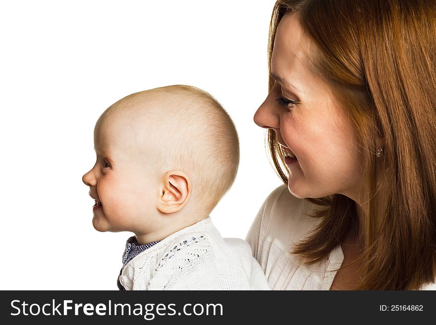 Portrait of mother and child in profile on a white background