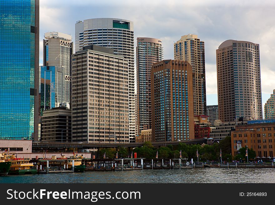 Circular quay with ferry stop and buildings. Circular quay with ferry stop and buildings