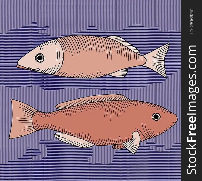Pair of fishes- woodcut, pink fishes on blue pattern background