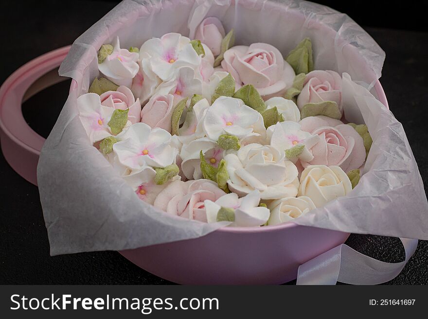 Homemade Marshmallows In A Gift Box On A Dark Background, A Beautiful Delicate Bouquet Of Marshmallow Flowers, Holiday Concept, Gi