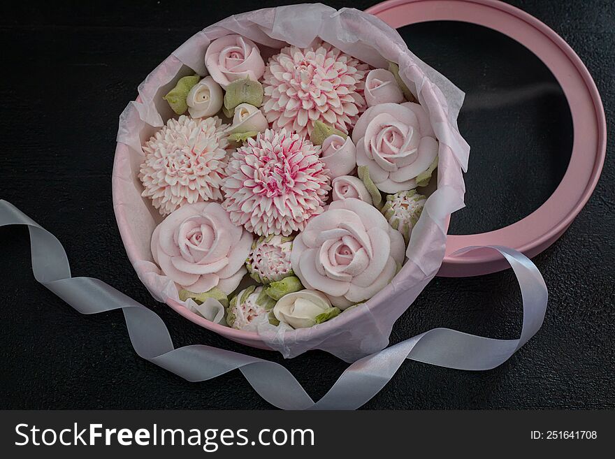 Homemade Marshmallows In A Gift Box On A Dark Background, A Beautiful Delicate Bouquet Of Marshmallow Flowers, Holiday Concept, Gi