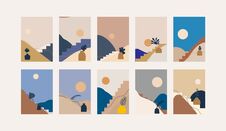 Landscapes Minimal Mid-century Illustration Set With Mountain, Hills, Brunch, Stairs Royalty Free Stock Image Landscapes Minimal Mid-century Illustration Set With Mountain, Hills, Brunch, Stairs Royalty Free Stock Image