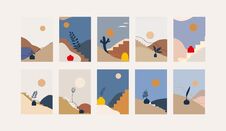 Landscapes Minimal Mid-century  Illustration Set With Mountain, Hills, Brunch, Stairs Royalty Free Stock Photography