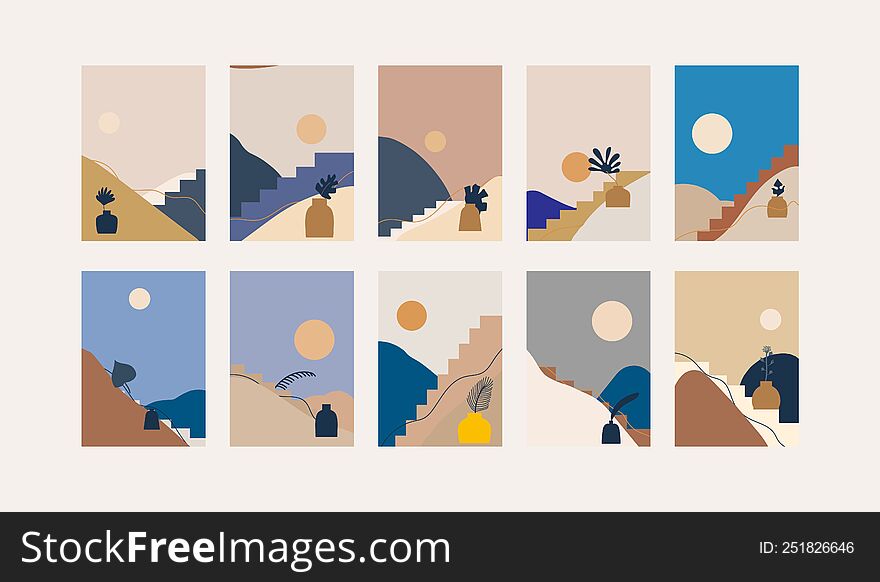 landscapes minimal mid-century  illustration set with mountain, hills, brunch, stairs
