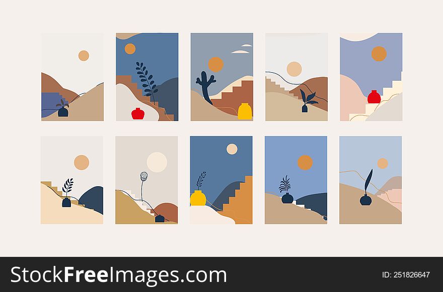 landscapes minimal mid-century  illustration set with mountain, hills, brunch, stairs