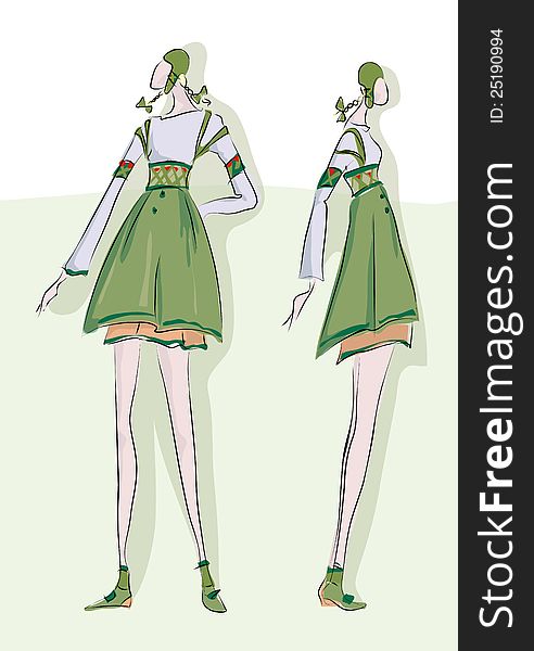 Sketch of fashion model  development of short dress from wide stripe   CanStock