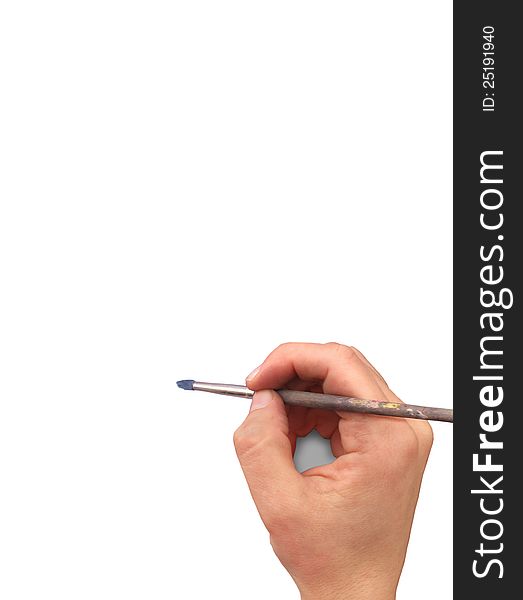 Close-up of the hand holding an artists brush against a blank white background.  Suitable for background, copy, text, or an illustration. Close-up of the hand holding an artists brush against a blank white background.  Suitable for background, copy, text, or an illustration.