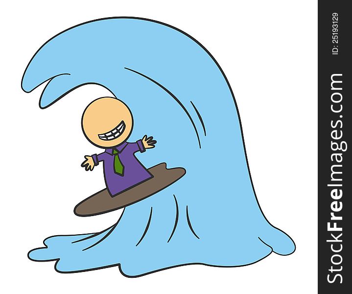 A funny illustration of cartoon business man easily surfing on a big wave. A funny illustration of cartoon business man easily surfing on a big wave