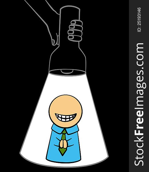 A funny looking business man having a spotlight from a flashlight. A funny looking business man having a spotlight from a flashlight
