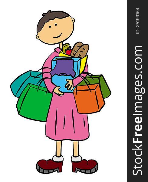 A cartoon female character carrying lots of shopping items and bags. A cartoon female character carrying lots of shopping items and bags