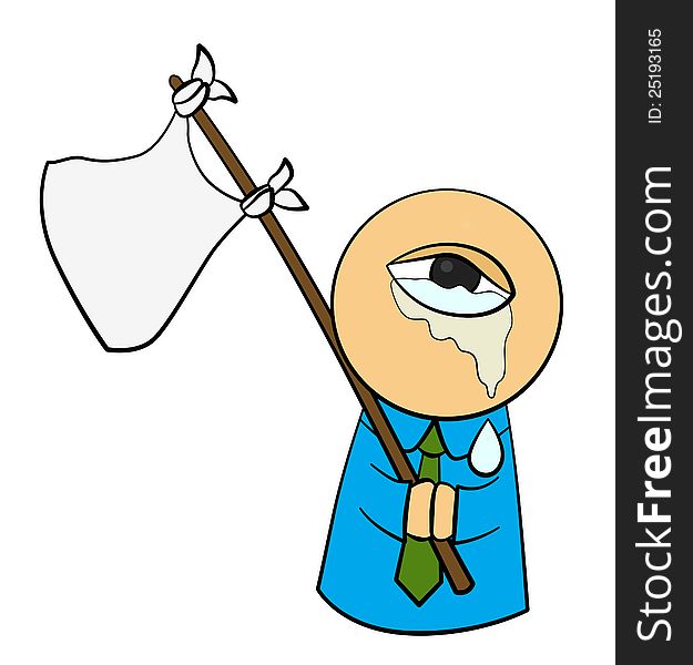 A very humorous illustration of a business character holding a white cloth tied to a pole as a flag. A very humorous illustration of a business character holding a white cloth tied to a pole as a flag