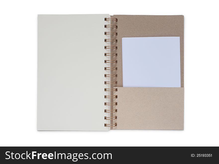 Recycle paper notebook open pages and jacket on white background