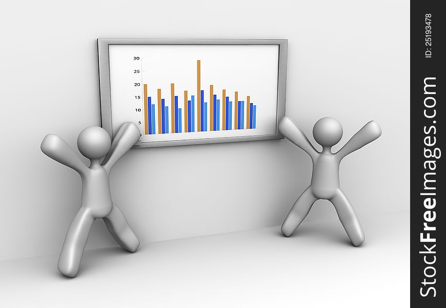 Two cartoon men exclaiming joy over the data on a white board. Two cartoon men exclaiming joy over the data on a white board