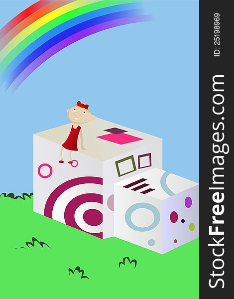 Vector peacful illustration of girl on cubes