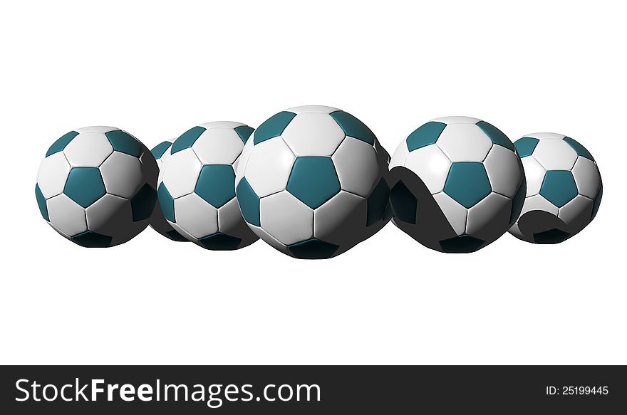 3D rendered cyan soccer balls on white background
