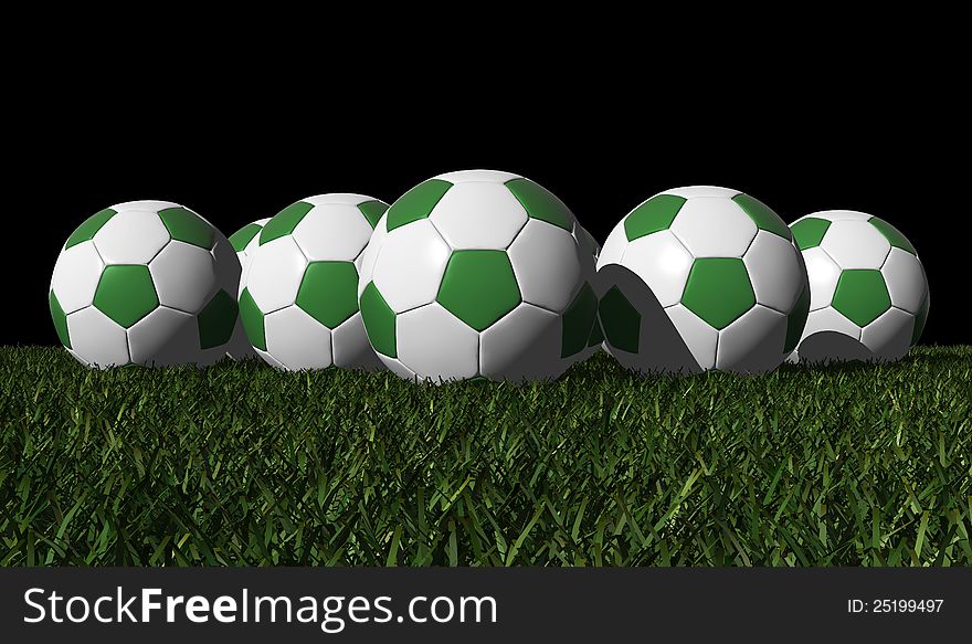 Green soccer balls on a green grass - black background