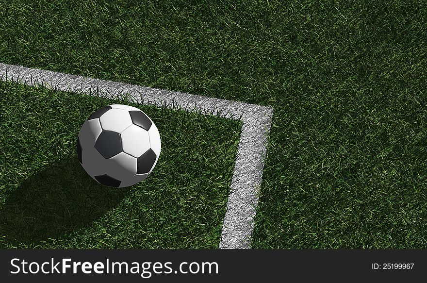 Soccer ball on green grass at the corner line