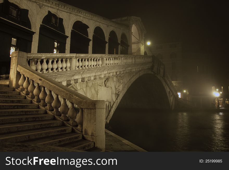 Rialto Bridge on a misty winters night