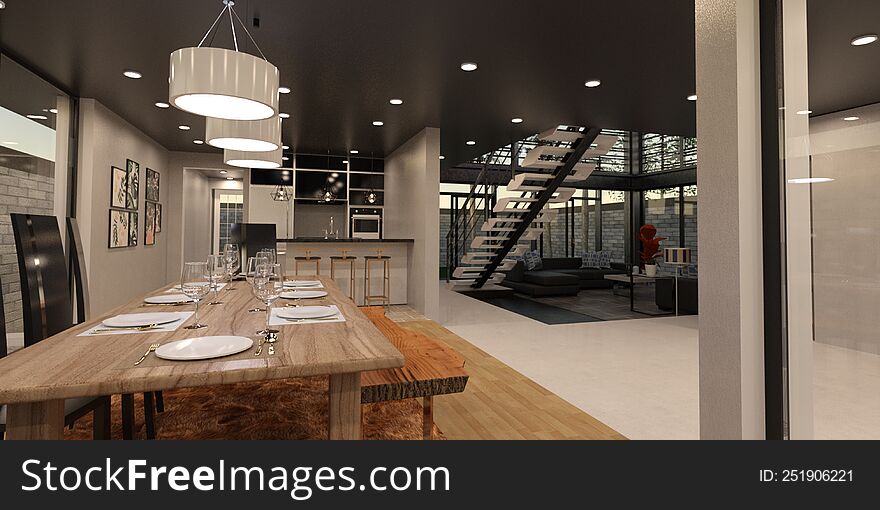 Modern House Interior, Kitchen Render