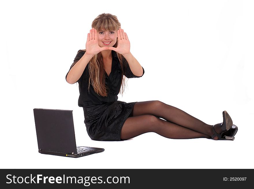 Smiling business woman with laptop sitting on the white background. Smiling business woman with laptop sitting on the white background