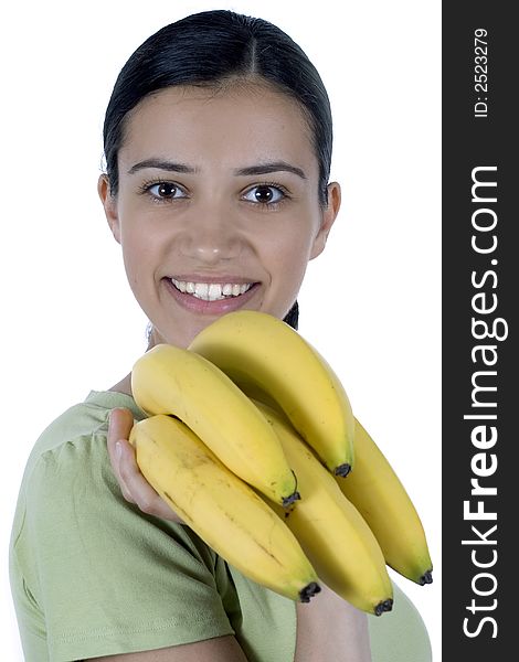 Girl holding bananas in her hand. Girl holding bananas in her hand