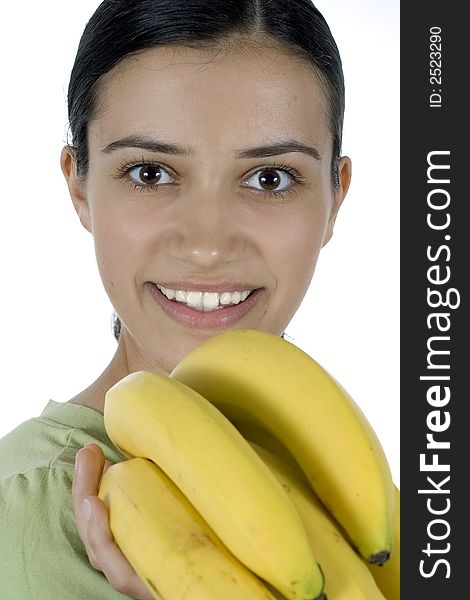 Girl holding bananas in her hand. Girl holding bananas in her hand