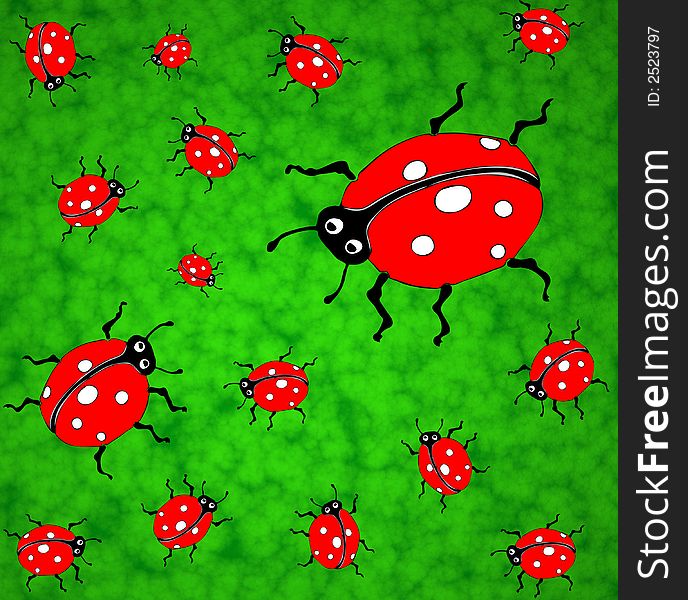 Family of ladybirds on a green lawn - graphic illustration.